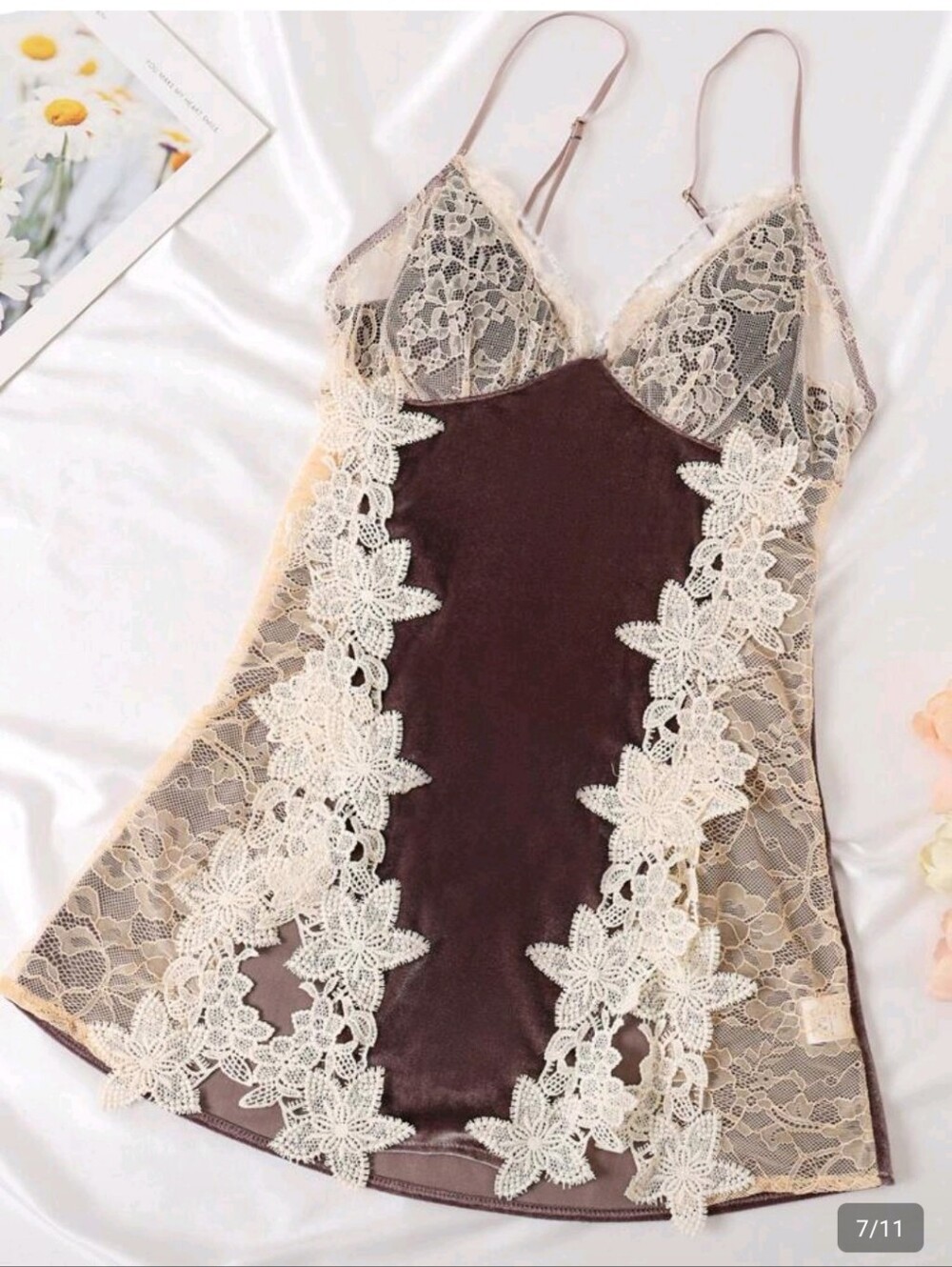 Lace Trim Satin Chemise Nightdress in Mauve and Cream